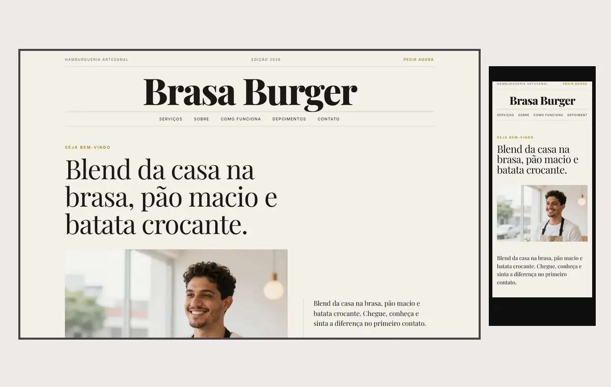 Site de hamburgueria no modelo Revista Linho