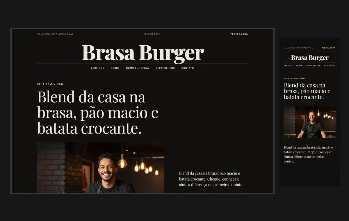 Site de hamburgueria no modelo Revista Ébano