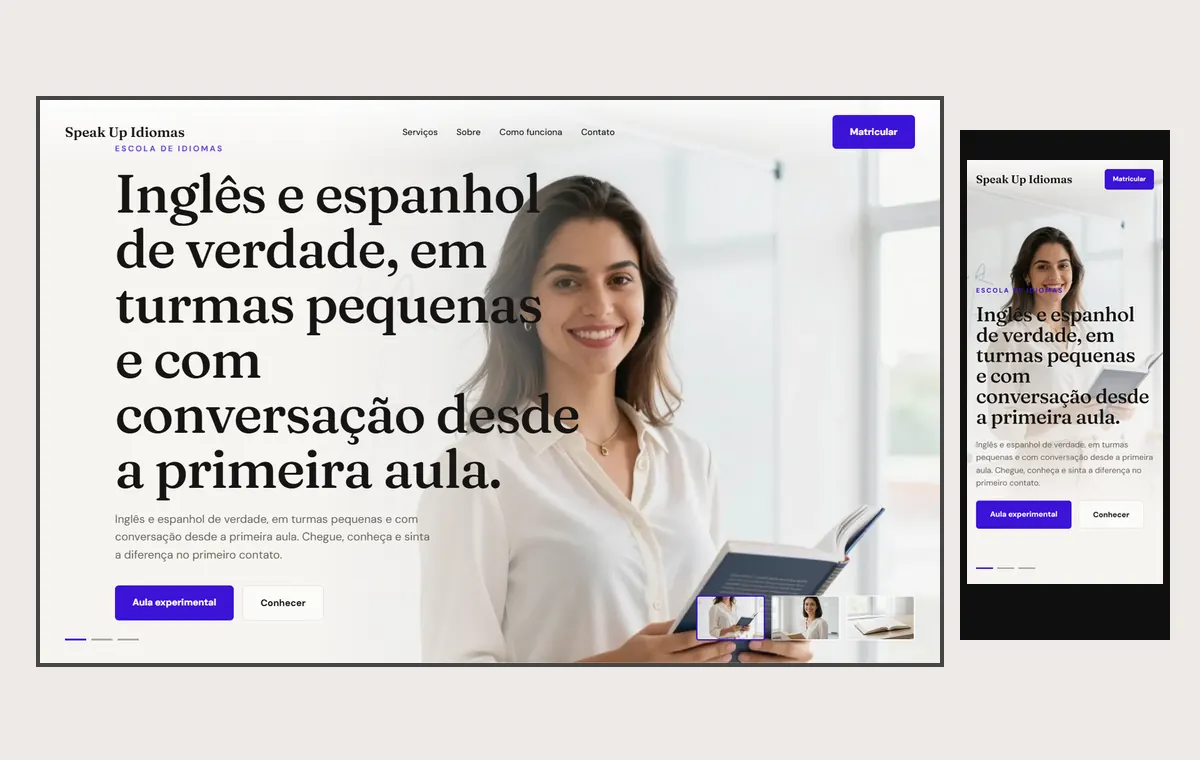 Site de escola de idiomas no modelo Cinema Luz