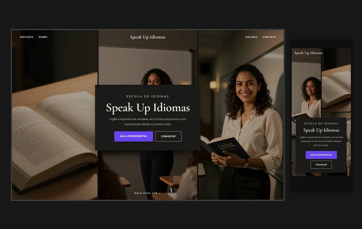 Site de escola de idiomas no modelo Mosaico Carvão