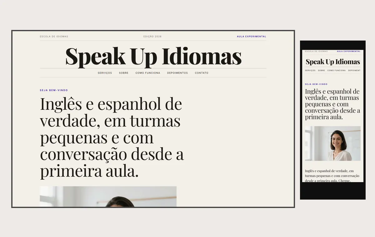 Site de escola de idiomas no modelo Revista Linho
