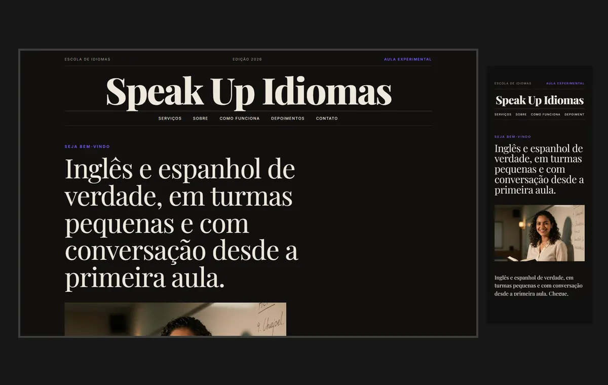 Site de escola de idiomas no modelo Revista Ébano