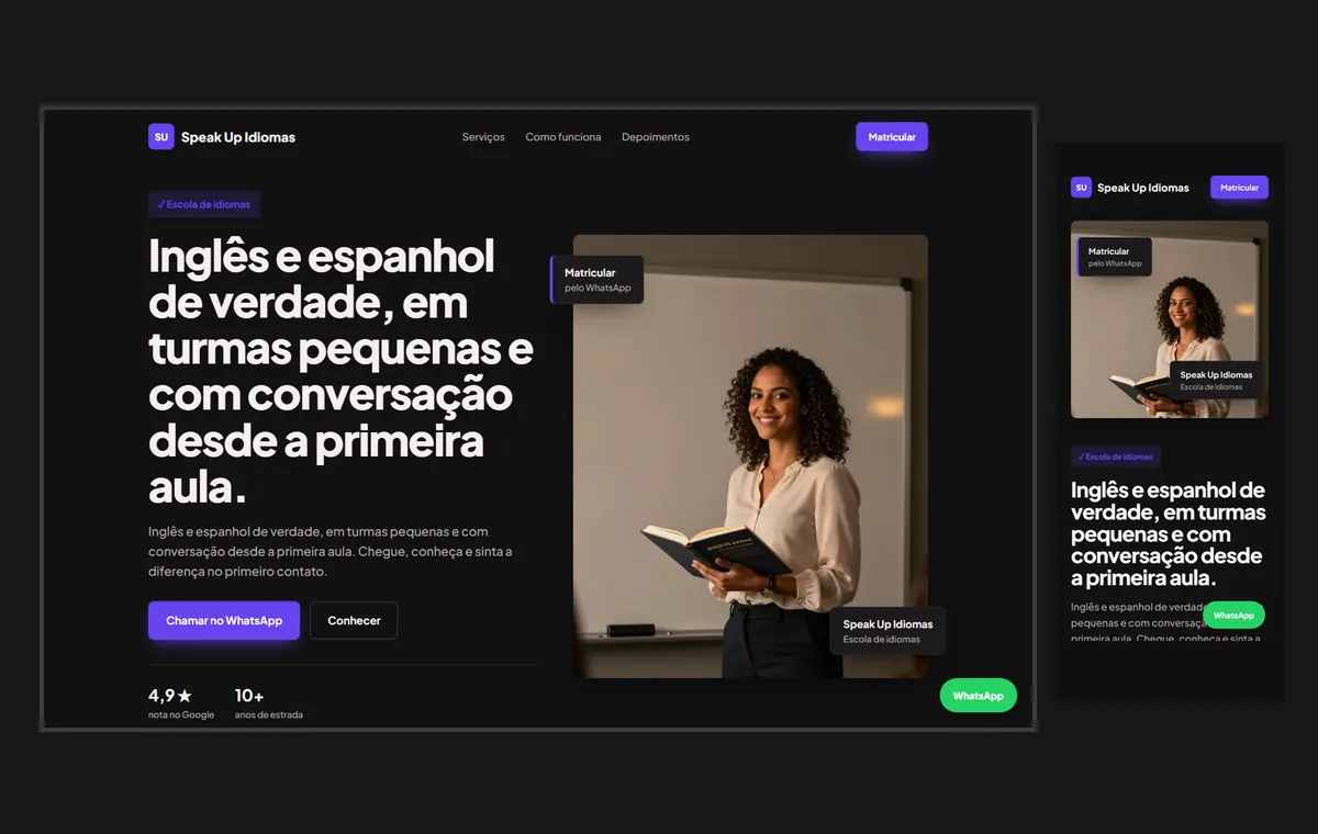 Site de escola de idiomas no modelo Vitrine Neon