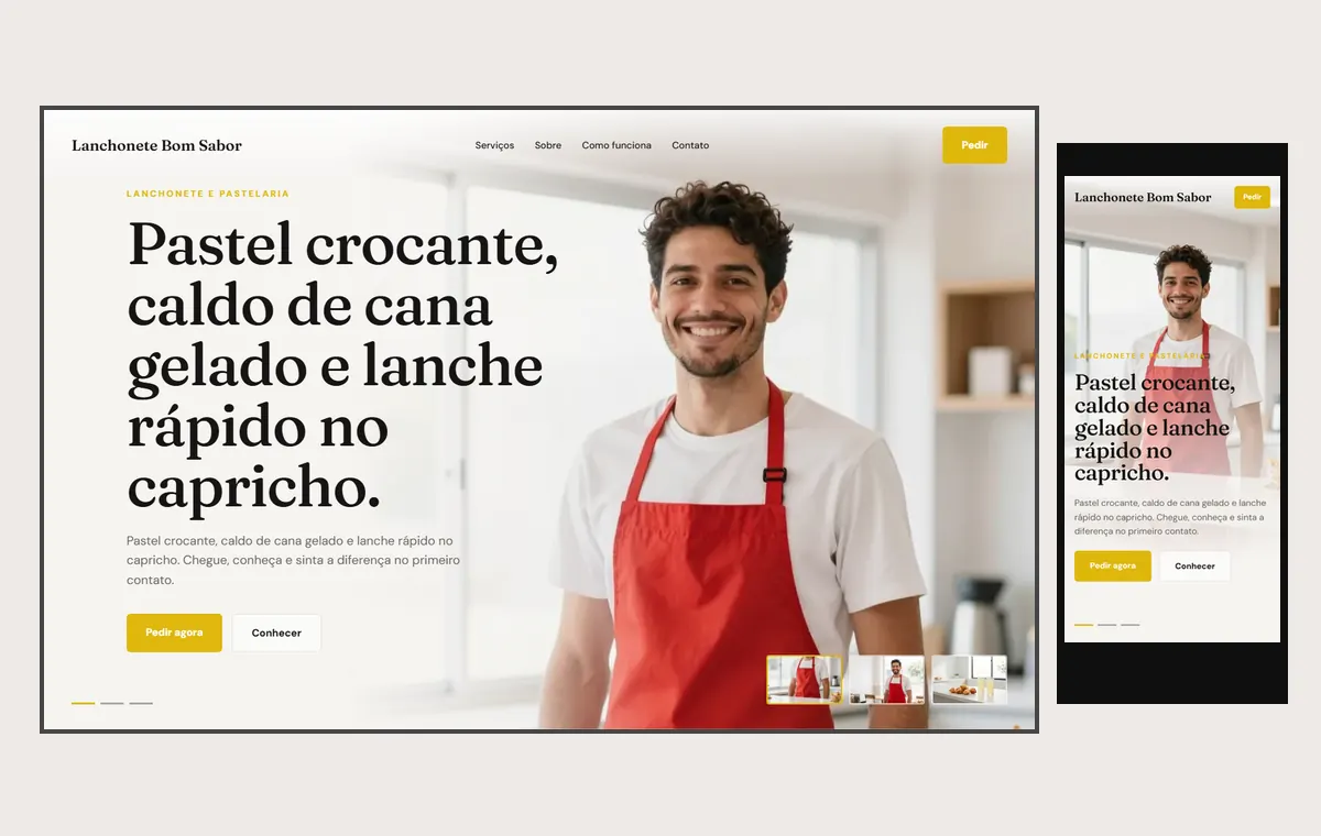 Site de lanchonete e pastelaria no modelo Cinema Luz