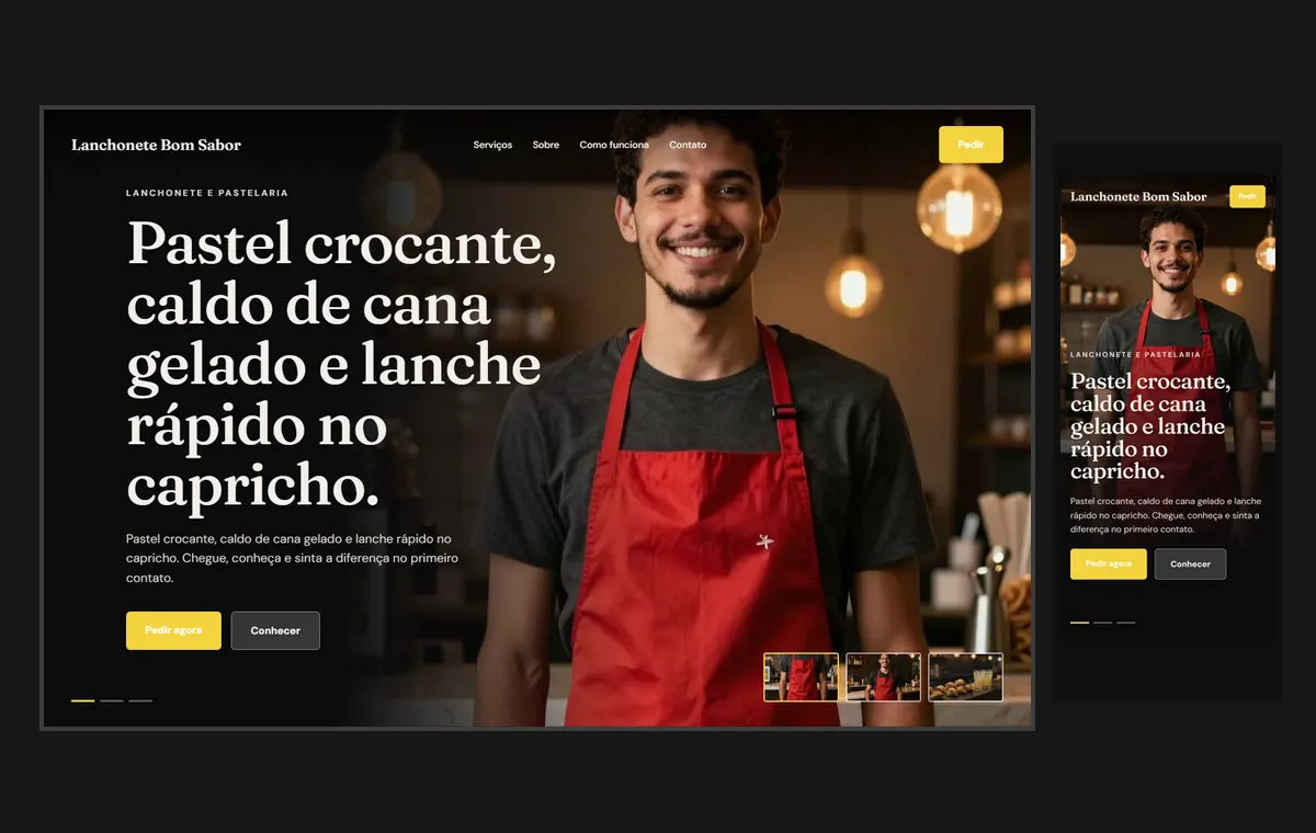 Site de lanchonete e pastelaria no modelo Cinema Noite