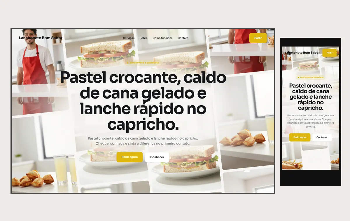 Site de lanchonete e pastelaria no modelo Fluxo Brisa