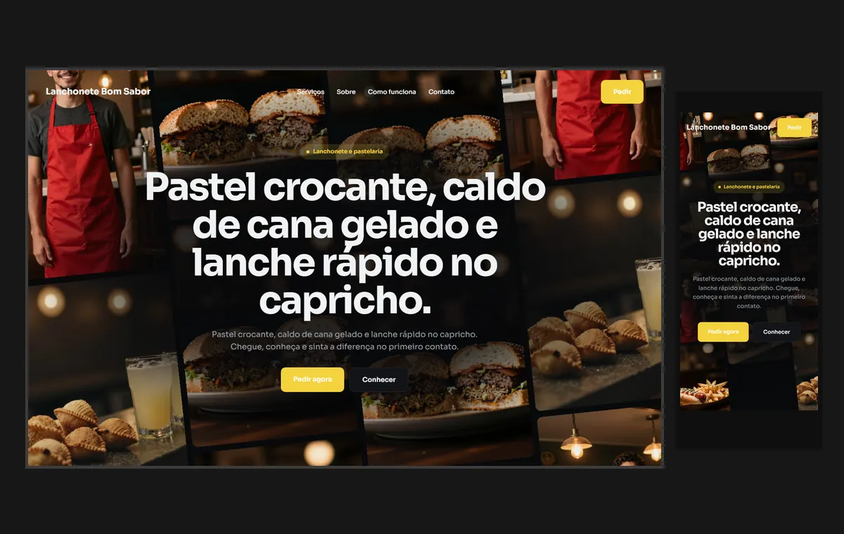 Site de lanchonete e pastelaria no modelo Fluxo Noite