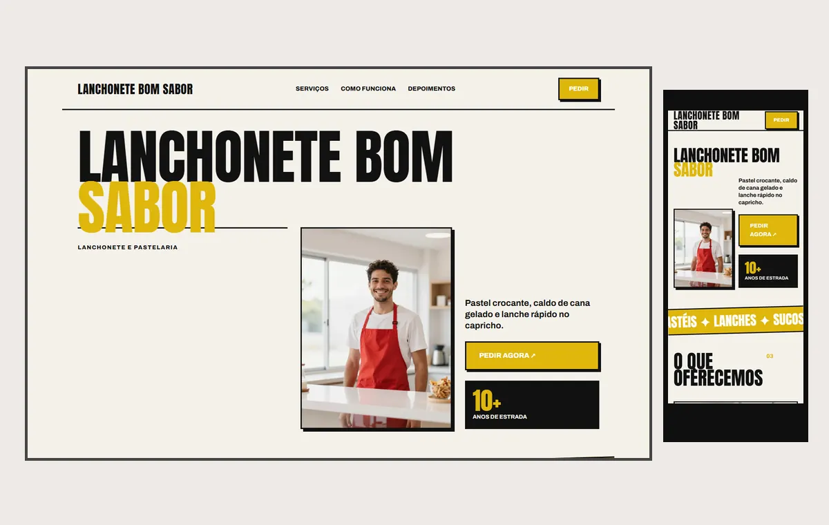 Site de lanchonete e pastelaria no modelo Impacto Sol