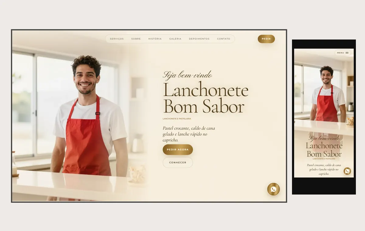 Site de lanchonete e pastelaria no modelo Luxo Dia