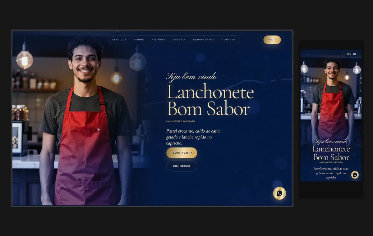 Site de lanchonete e pastelaria no modelo Luxo Noite