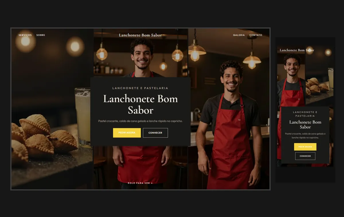 Site de lanchonete e pastelaria no modelo Mosaico Carvão
