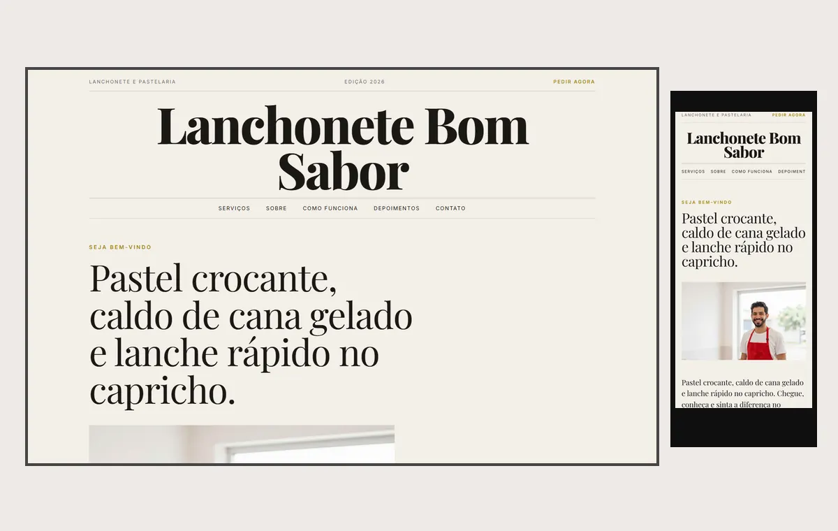 Site de lanchonete e pastelaria no modelo Revista Linho
