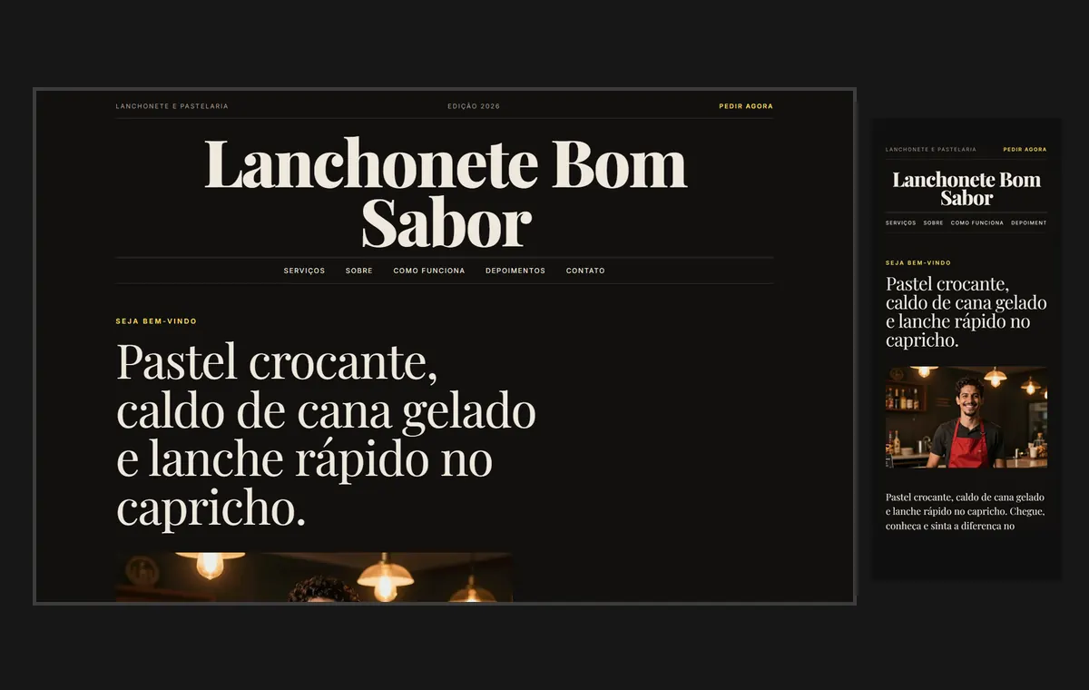 Site de lanchonete e pastelaria no modelo Revista Ébano