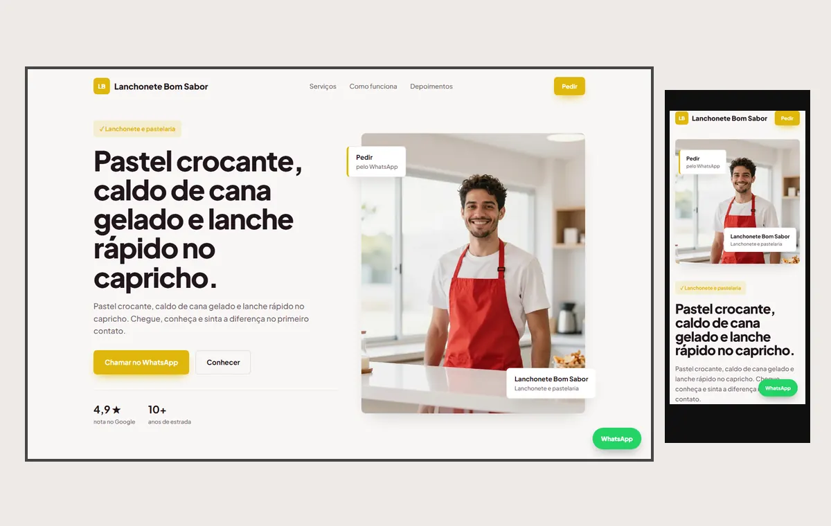 Site de lanchonete e pastelaria no modelo Vitrine Aurora