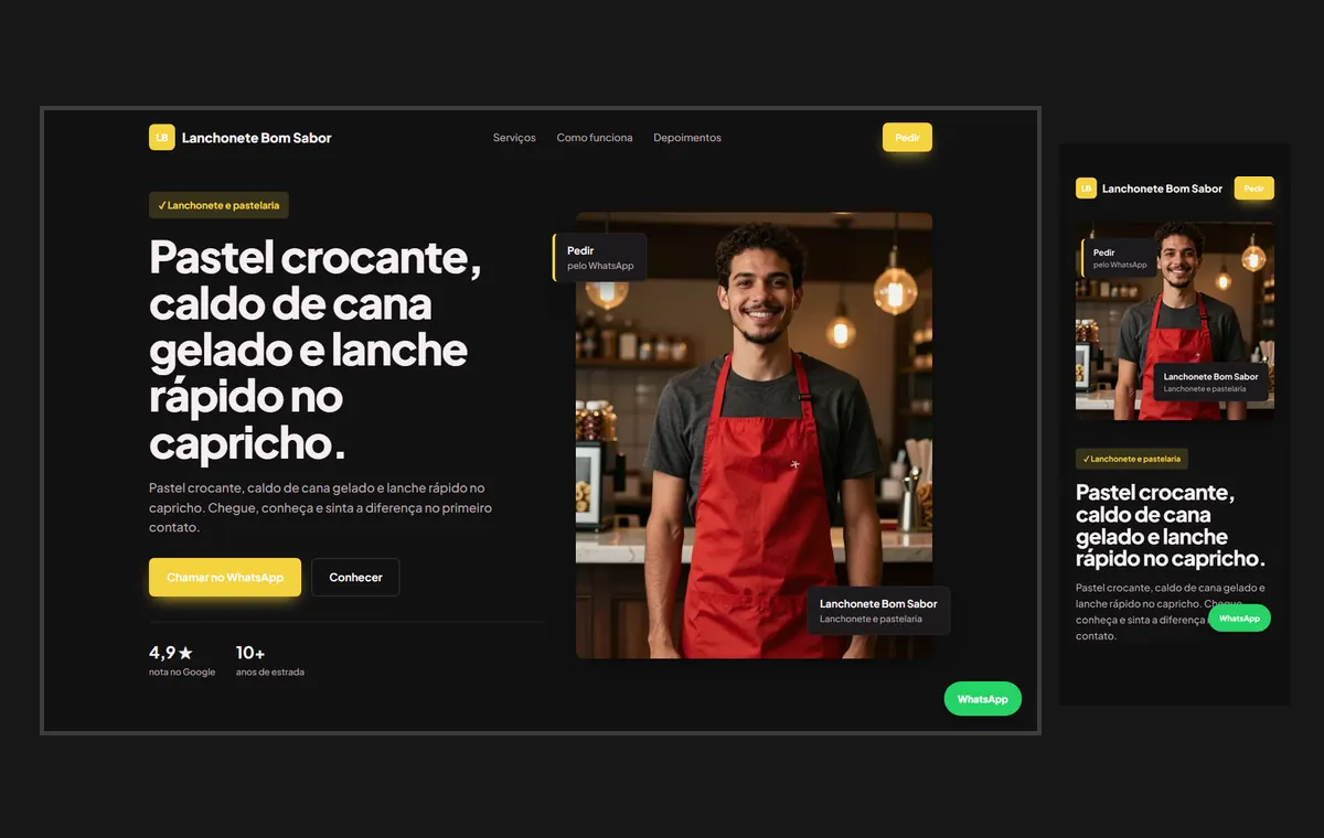 Site de lanchonete e pastelaria no modelo Vitrine Neon