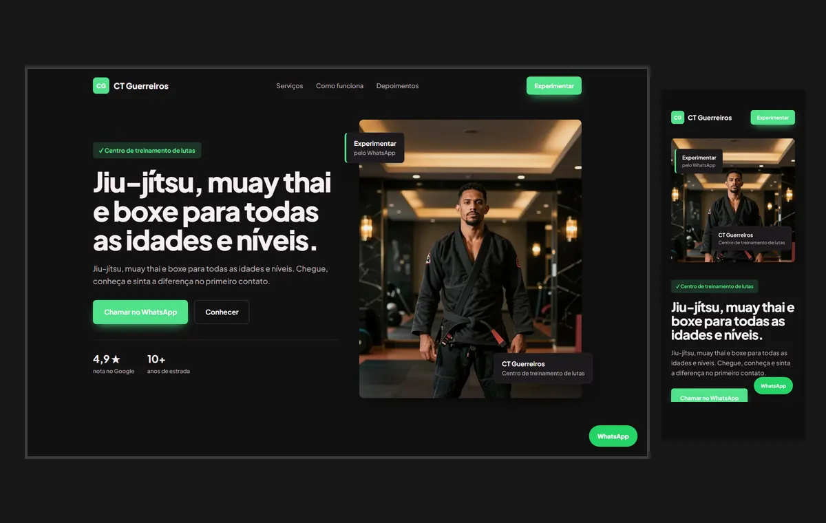 Site de lutas e artes marciais no modelo Vitrine Neon
