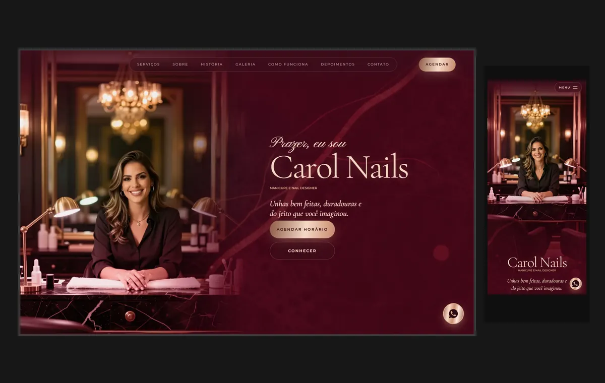 Site de manicure e nail design no modelo Luxo Noite