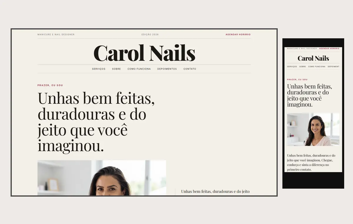 Site de manicure e nail design no modelo Revista Linho