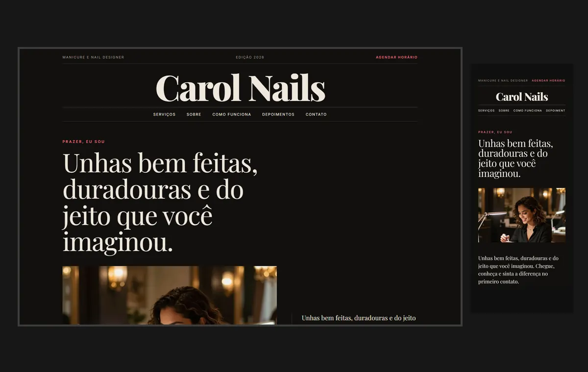 Site de manicure e nail design no modelo Revista Ébano