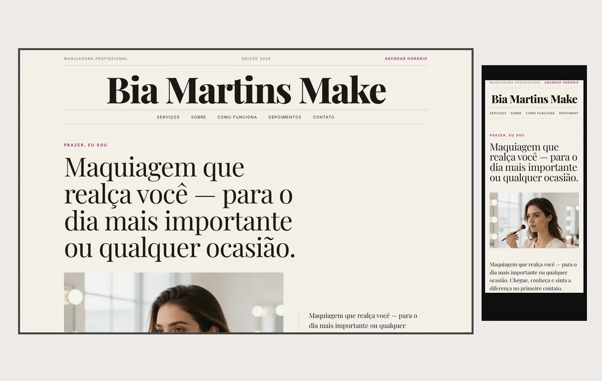 Site de maquiadora no modelo Revista Linho