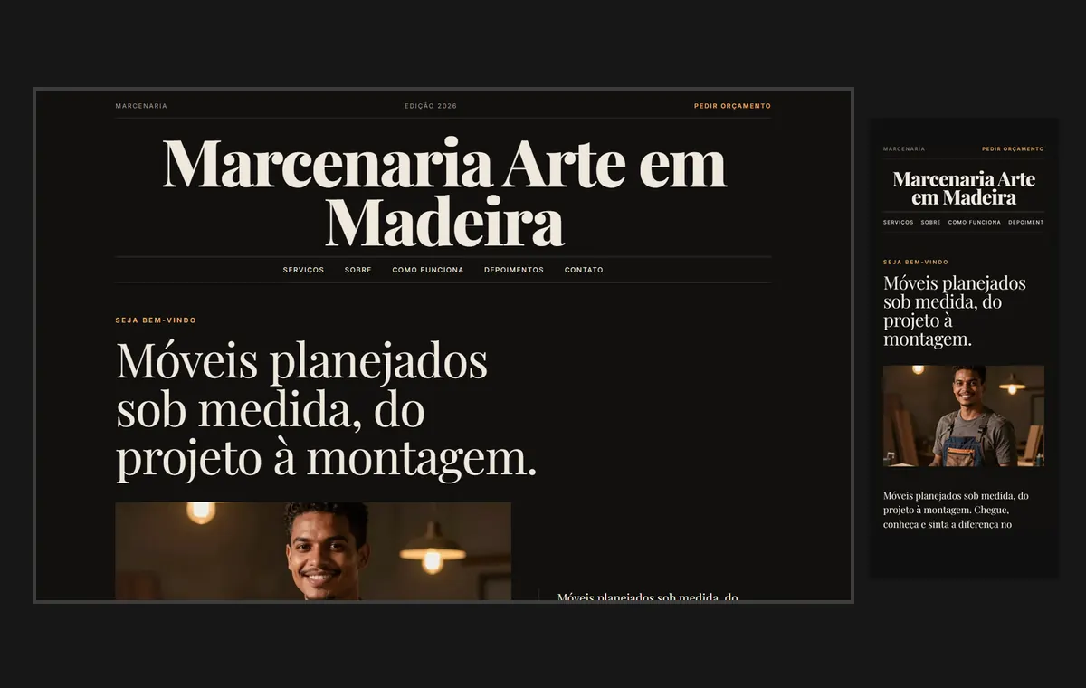 Site de marceneiro e móveis planejados no modelo Revista Ébano
