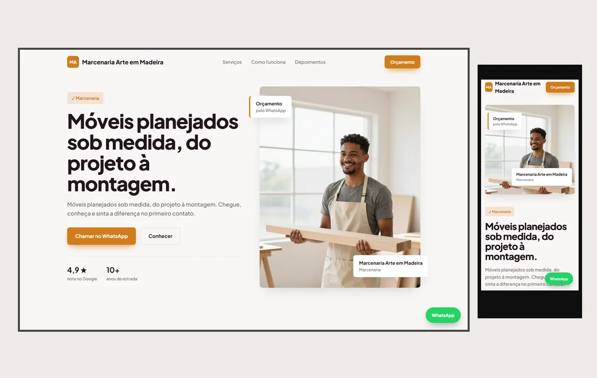 Site de marceneiro e móveis planejados no modelo Vitrine Aurora