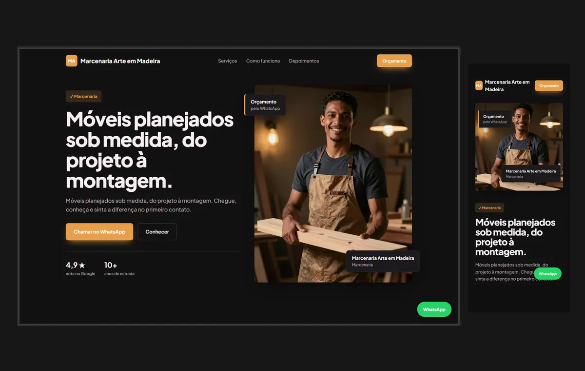 Site de marceneiro e móveis planejados no modelo Vitrine Neon