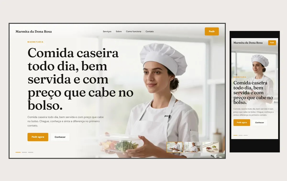 Site de marmitaria no modelo Cinema Luz