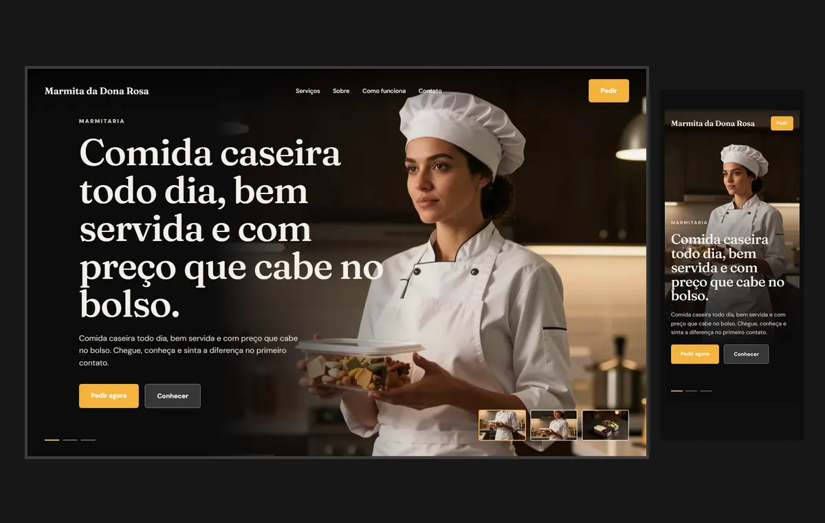 Site de marmitaria no modelo Cinema Noite