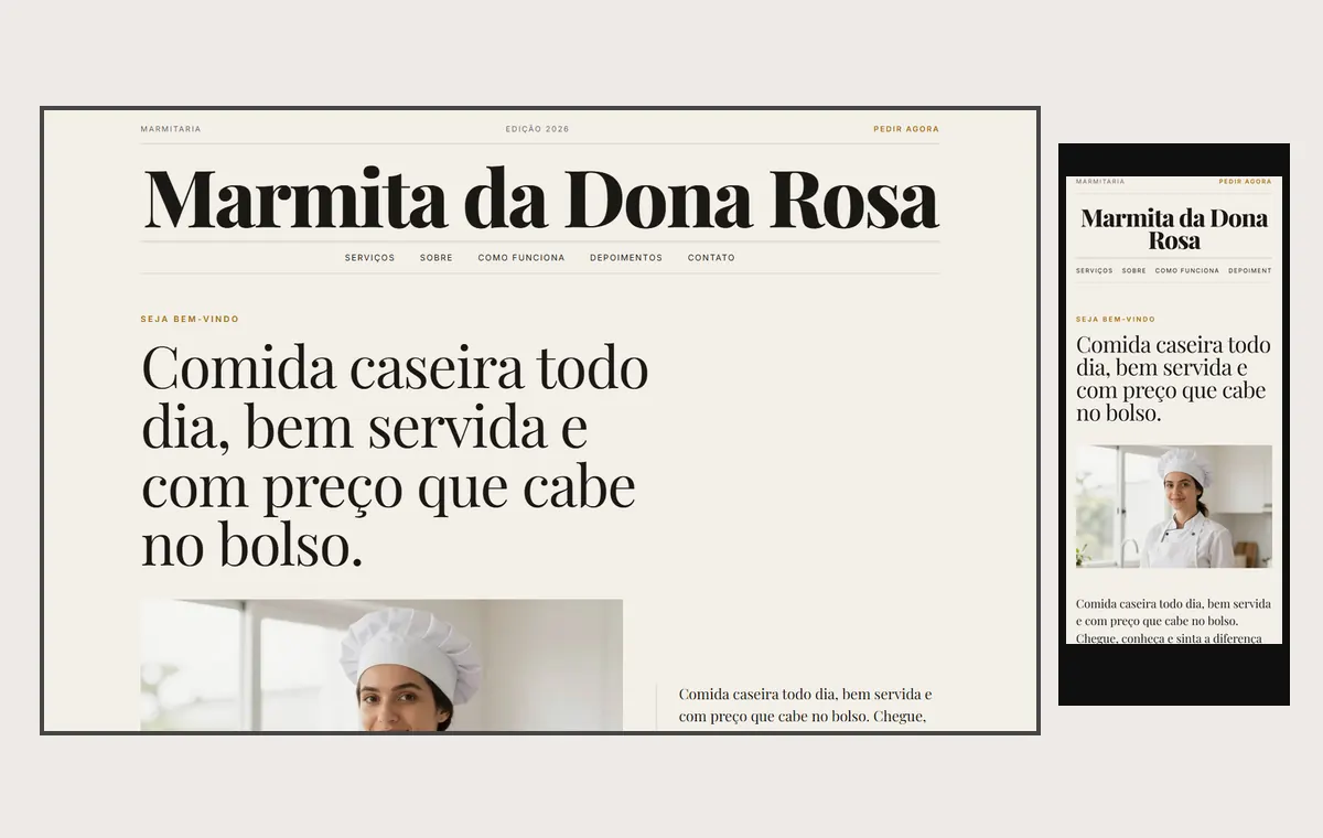 Site de marmitaria no modelo Revista Linho