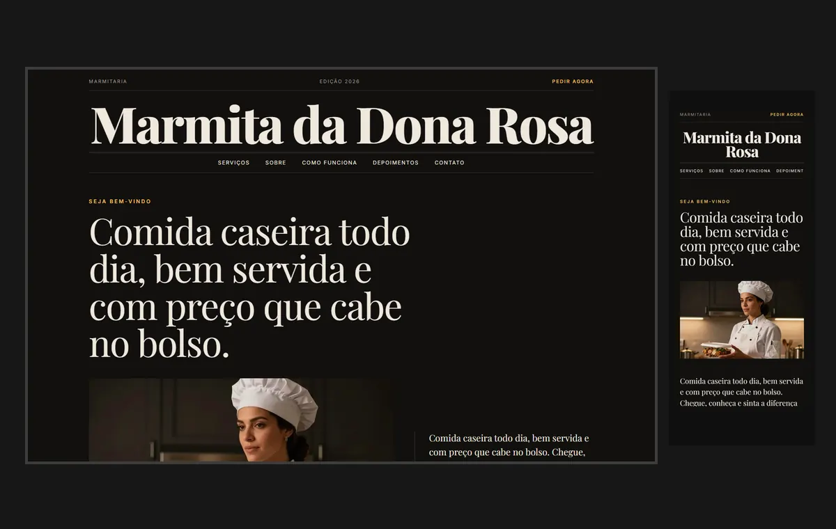 Site de marmitaria no modelo Revista Ébano