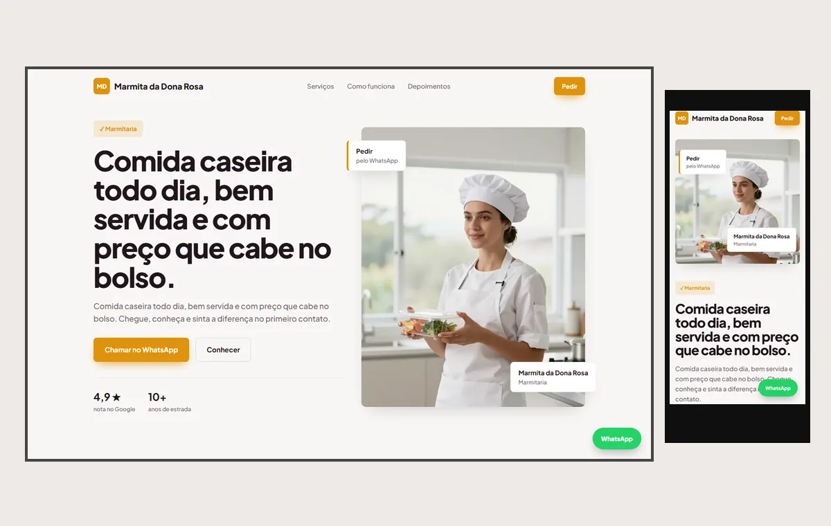 Site de marmitaria no modelo Vitrine Aurora