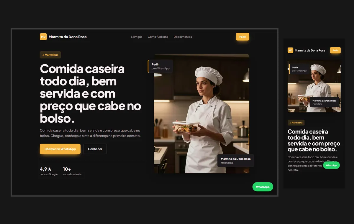 Site de marmitaria no modelo Vitrine Neon