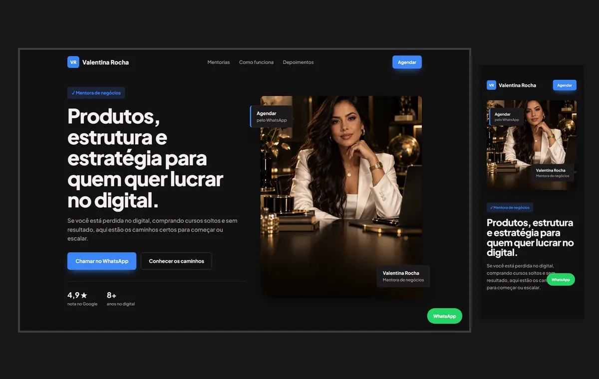 Site de mentoria no modelo Vitrine Neon