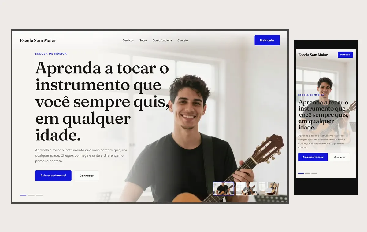 Site de escola de música no modelo Cinema Luz