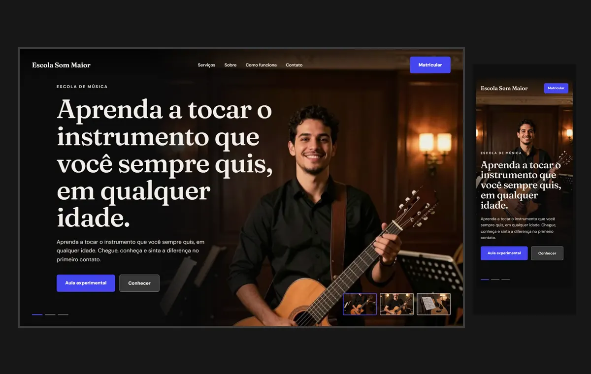 Site de escola de música no modelo Cinema Noite