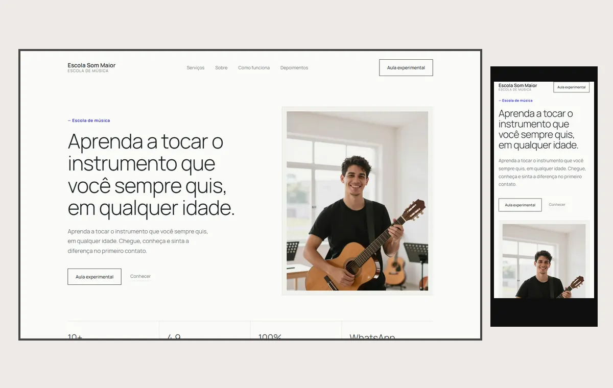 Site de escola de música no modelo Clean Nuvem