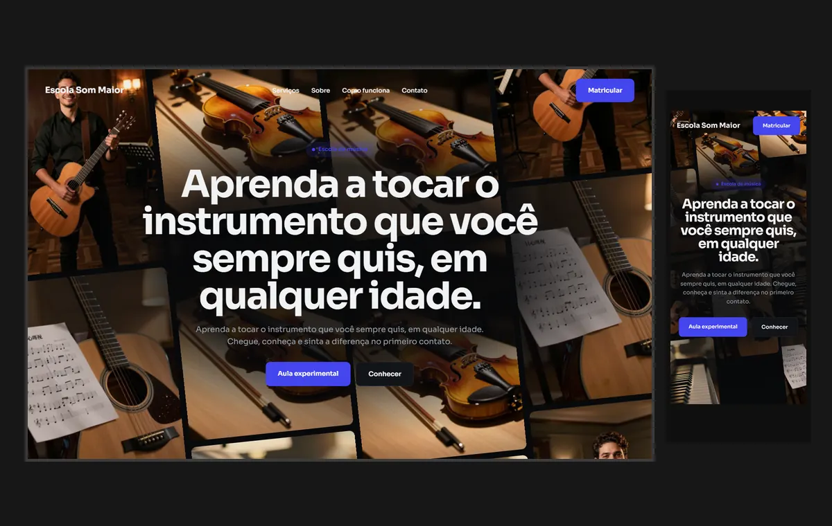 Site de escola de música no modelo Fluxo Noite