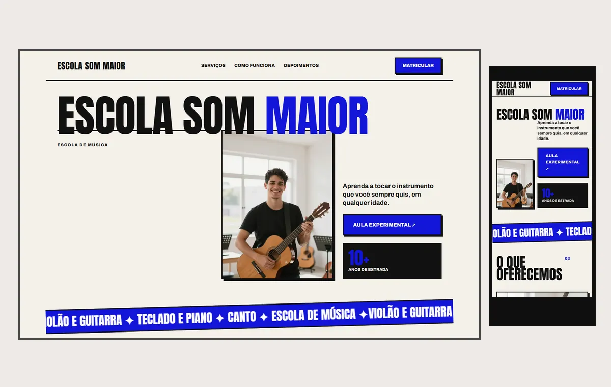 Site de escola de música no modelo Impacto Sol