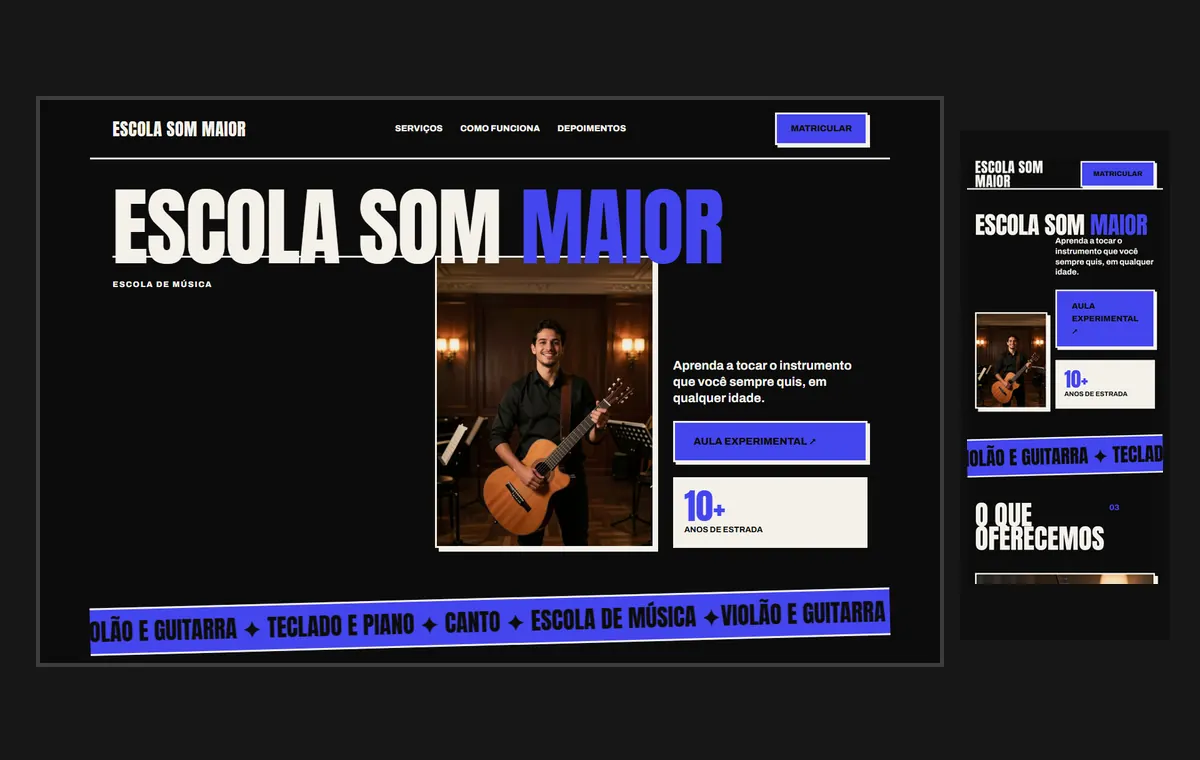 Site de escola de música no modelo Impacto Eclipse