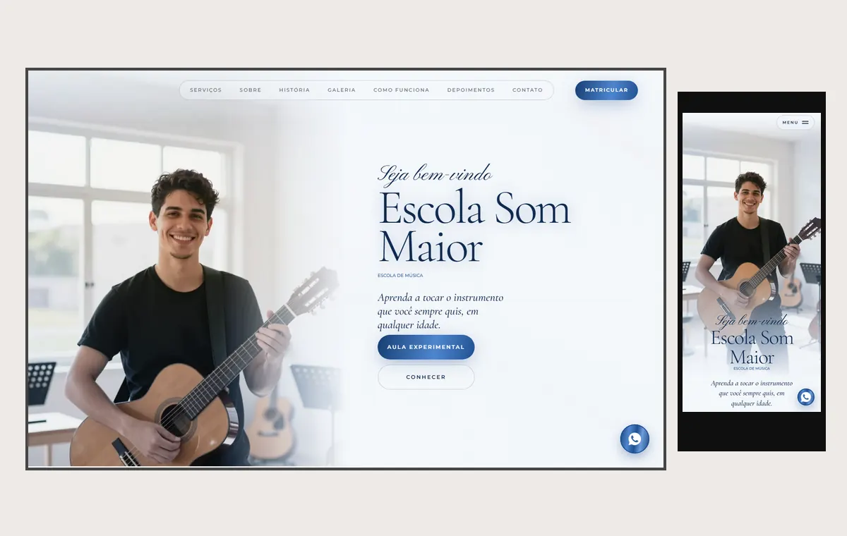 Site de escola de música no modelo Luxo Dia