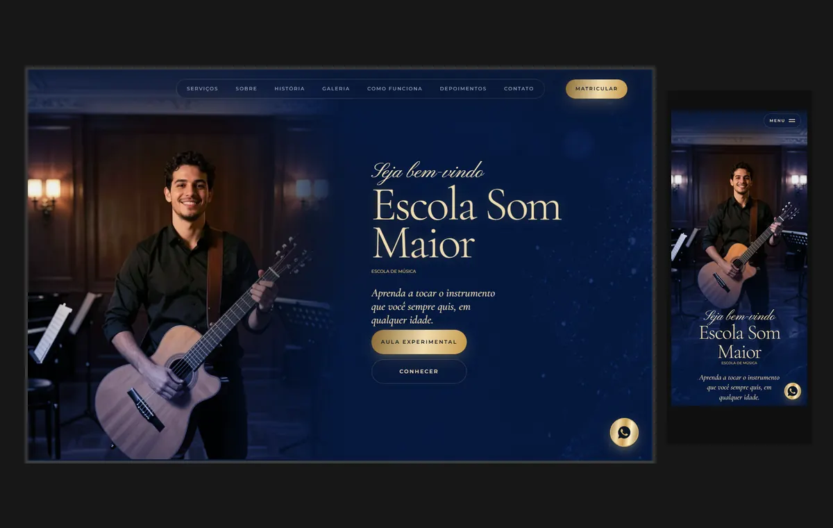 Site de escola de música no modelo Luxo Noite