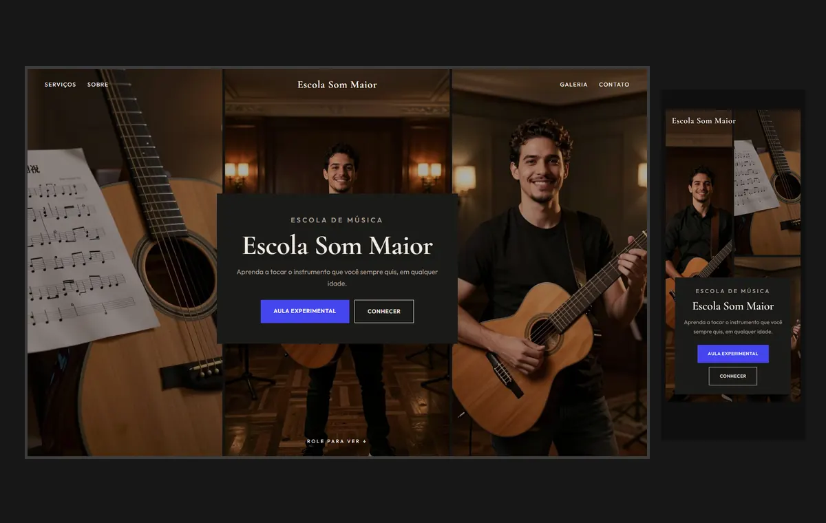 Site de escola de música no modelo Mosaico Carvão