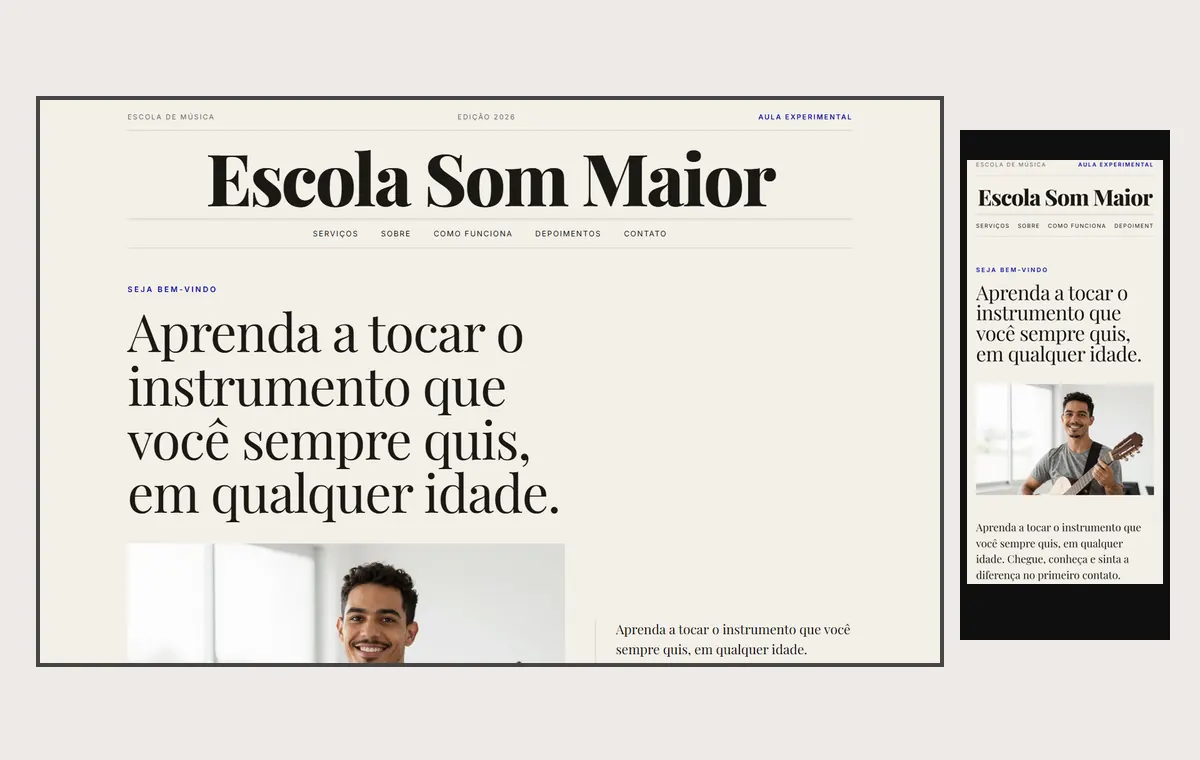 Site de escola de música no modelo Revista Linho