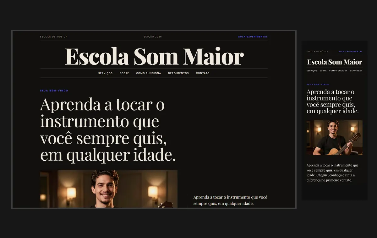Site de escola de música no modelo Revista Ébano