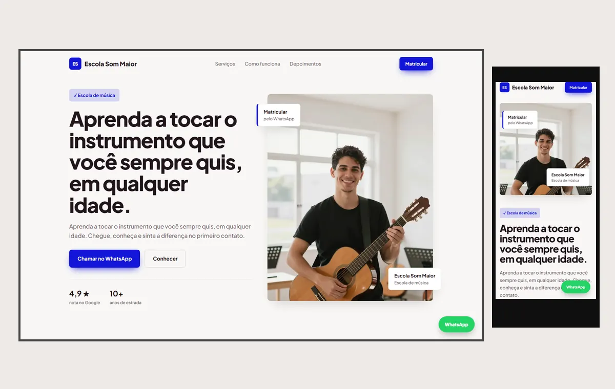Site de escola de música no modelo Vitrine Aurora