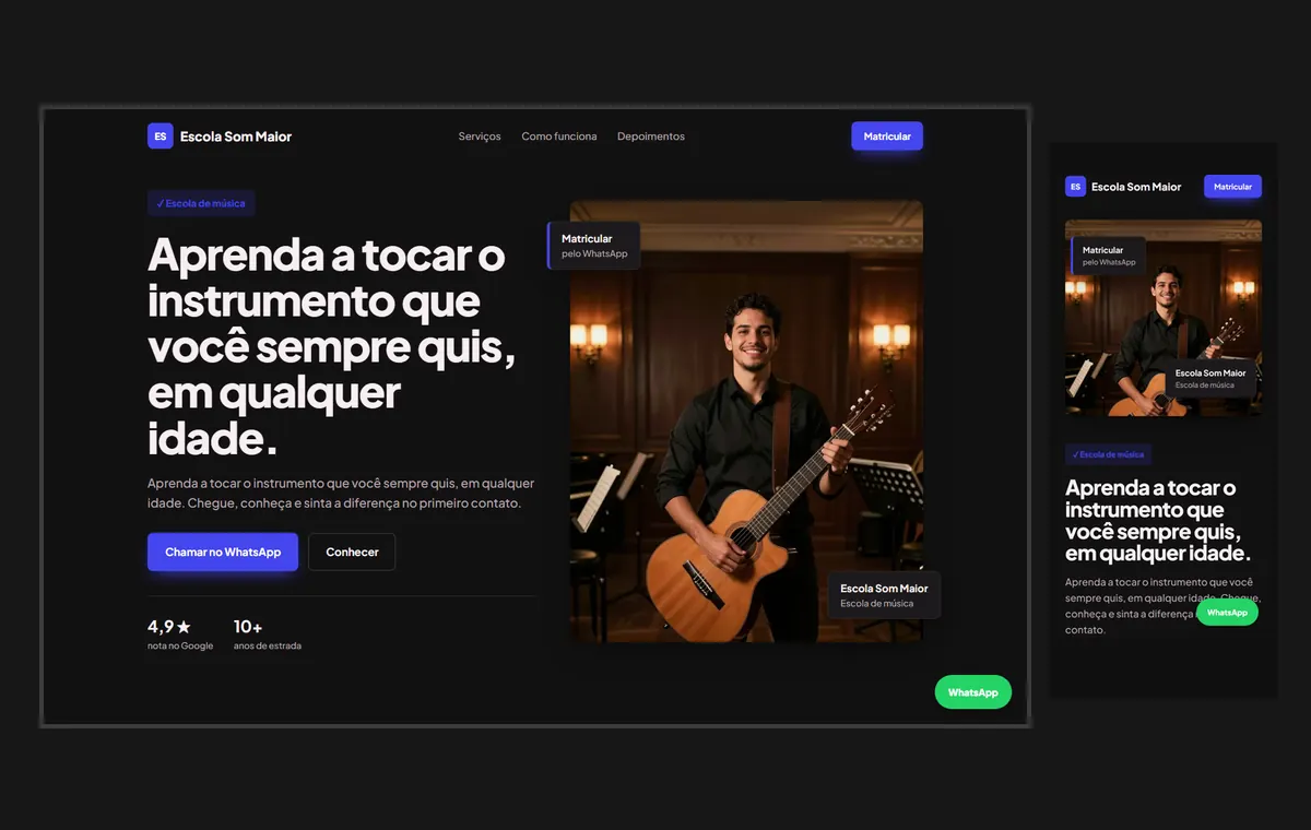 Site de escola de música no modelo Vitrine Neon