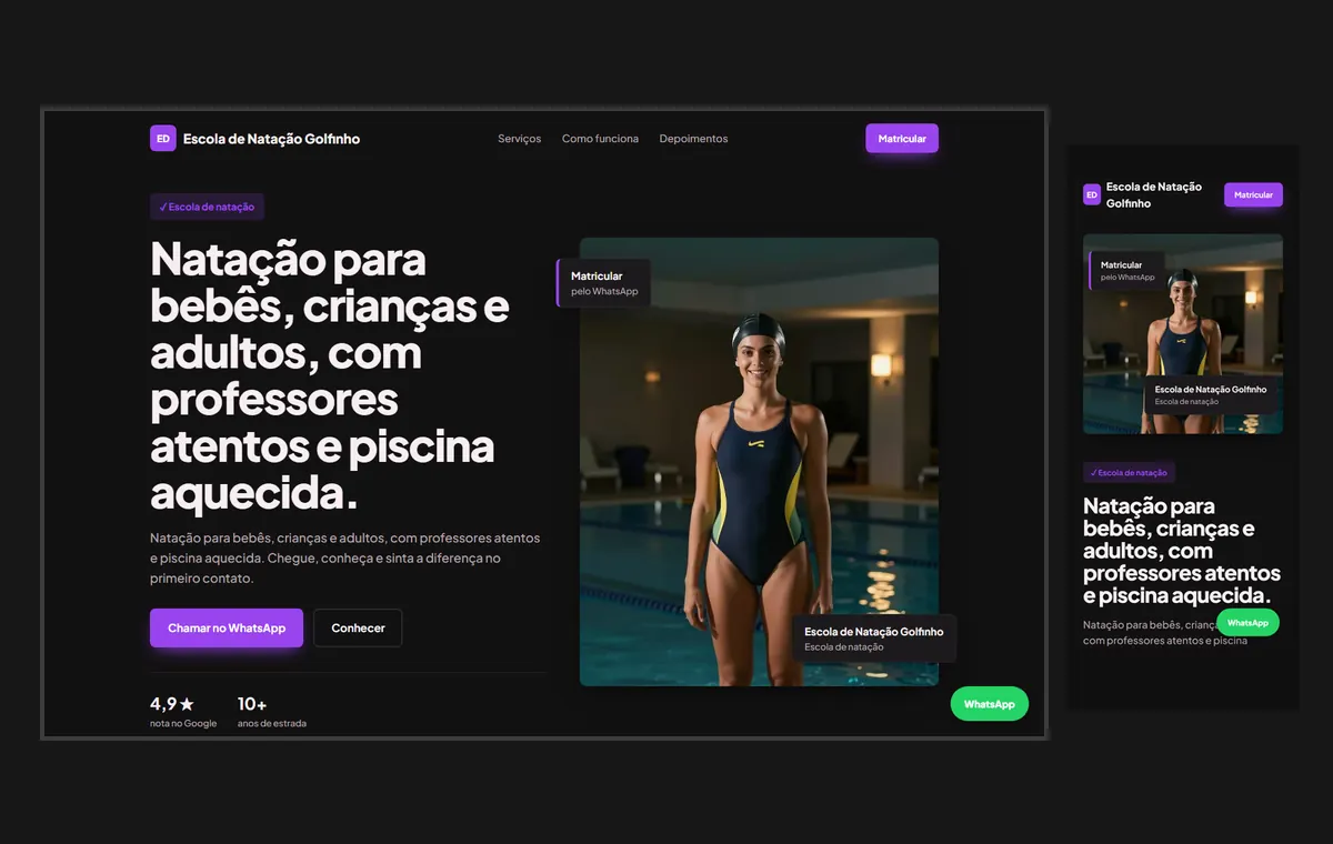 Site de natação no modelo Vitrine Neon