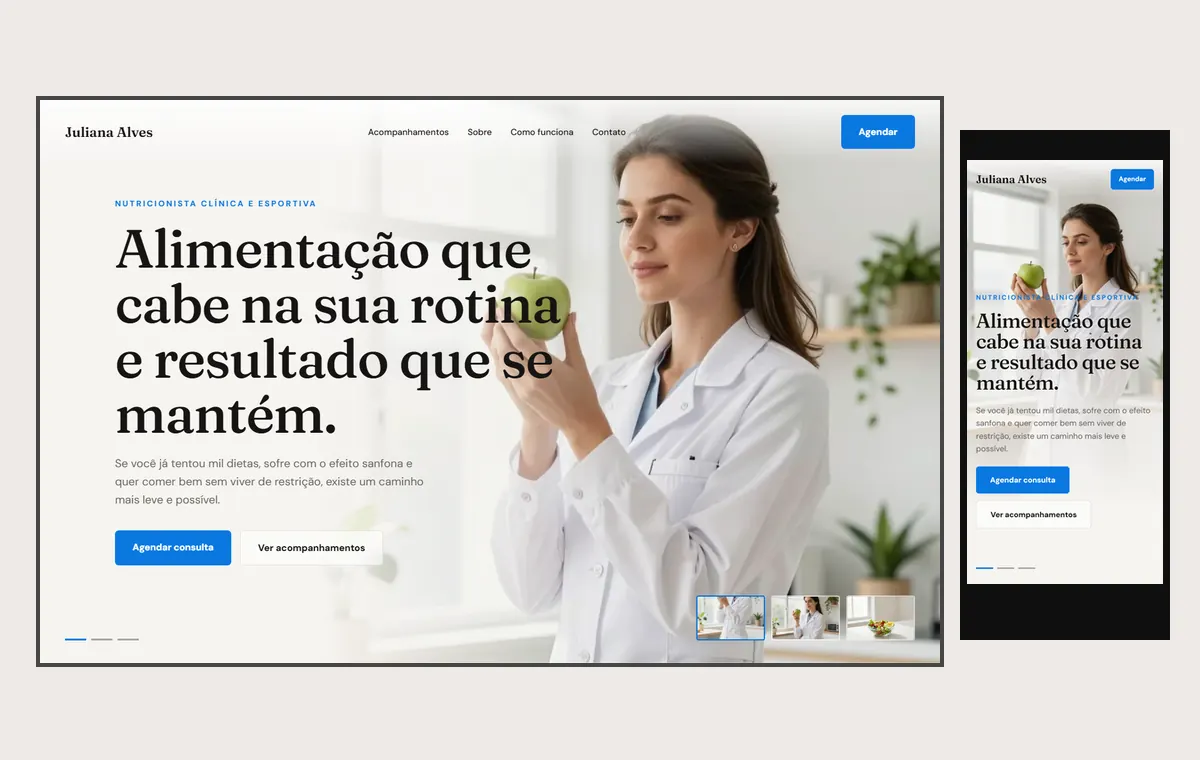 Site de nutrição no modelo Cinema Luz