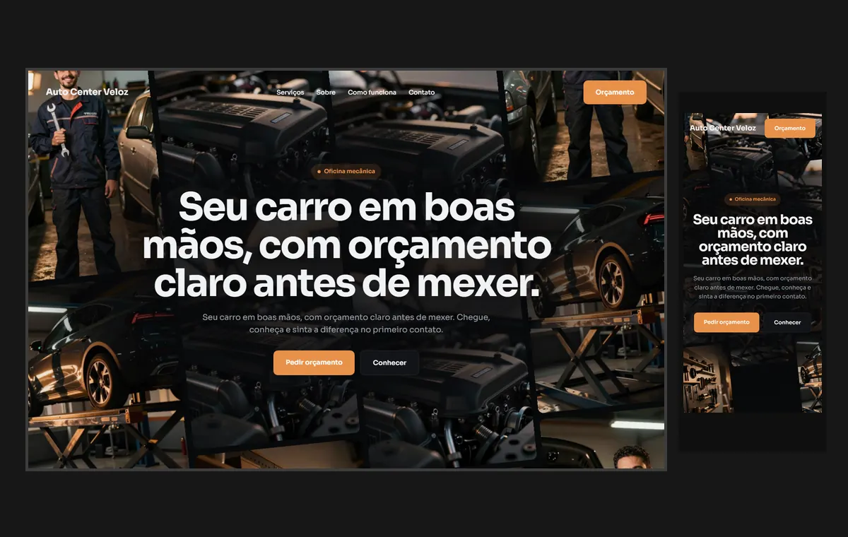 Site de oficina mecânica no modelo Fluxo Noite
